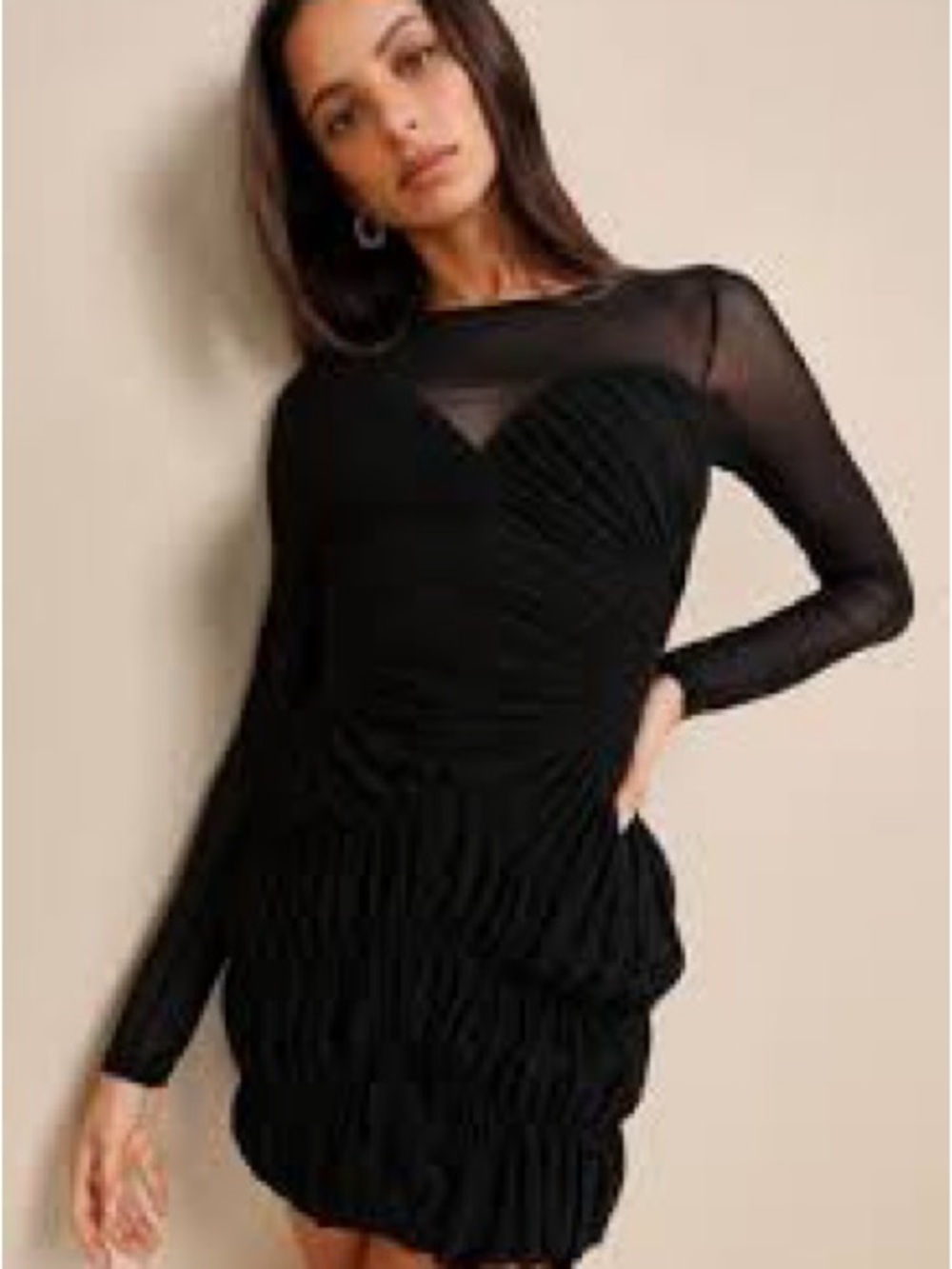 Lulus Late Night Mood Black Mesh Ruched Long Sleeve Mini Dress